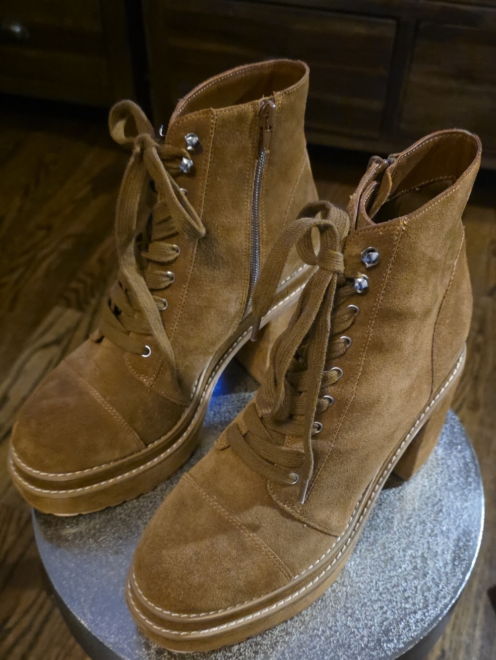 Chunky Suede Lace-Up Ankle Boots - Tan